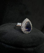 Pear Shape Blue Sapphire Ring, Natural Diamond Halo, 14K 18K Solid Gold Teardrop Ring