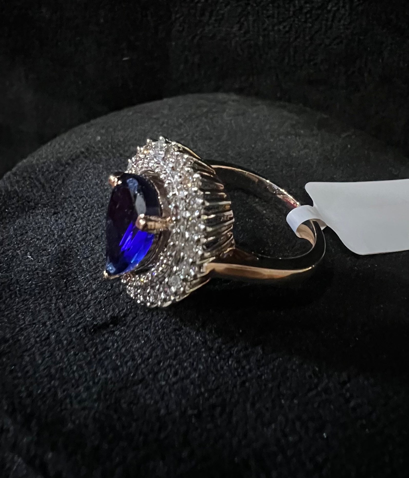 Pear Shape Blue Sapphire Ring, Natural Diamond Halo, 14K 18K Solid Gold Teardrop Ring