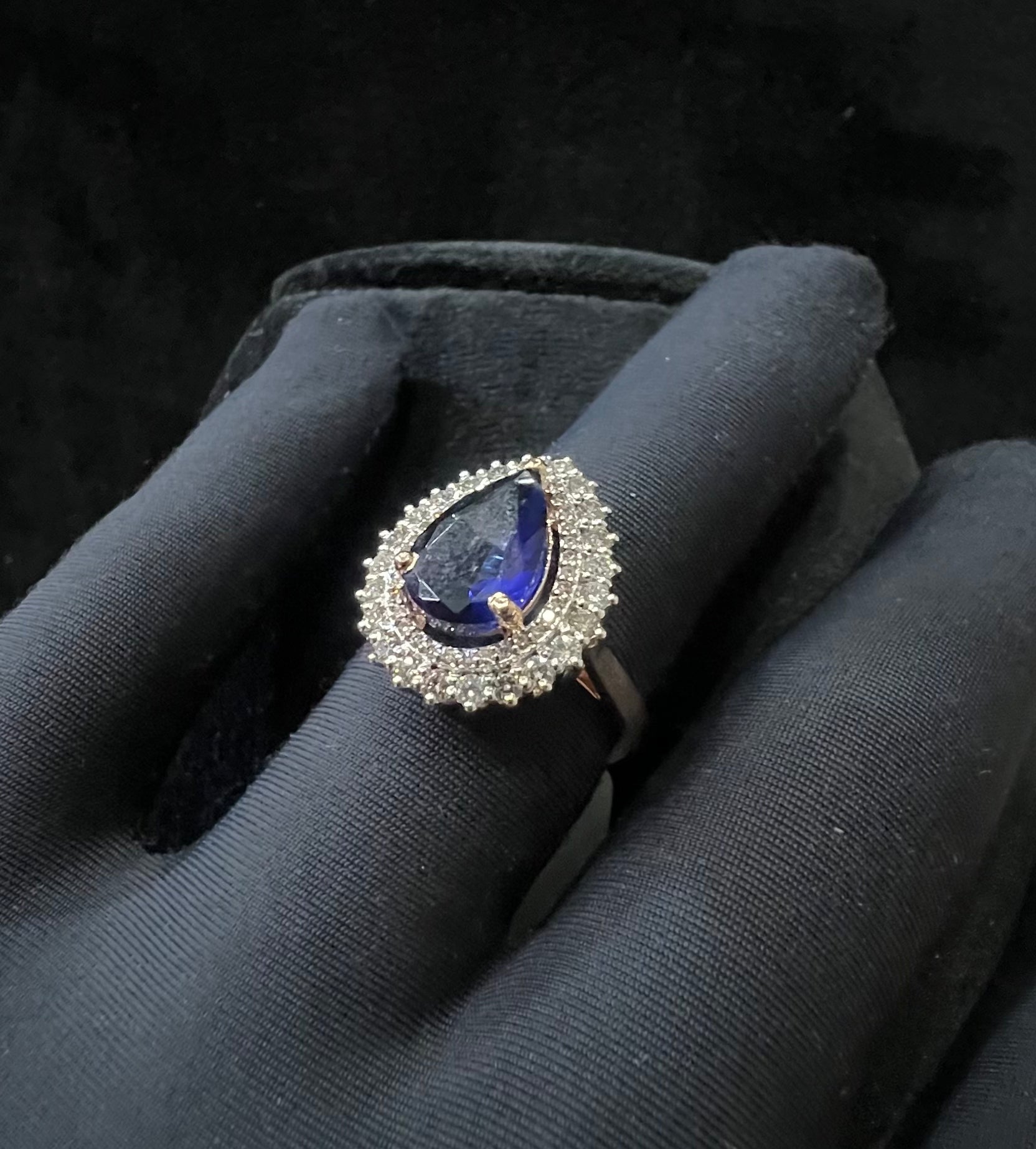 Pear Shape Blue Sapphire Ring, Natural Diamond Halo, 14K 18K Solid Gold Teardrop Ring