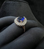Pear Shape Blue Sapphire Ring, Natural Diamond Halo, 14K 18K Solid Gold Teardrop Ring