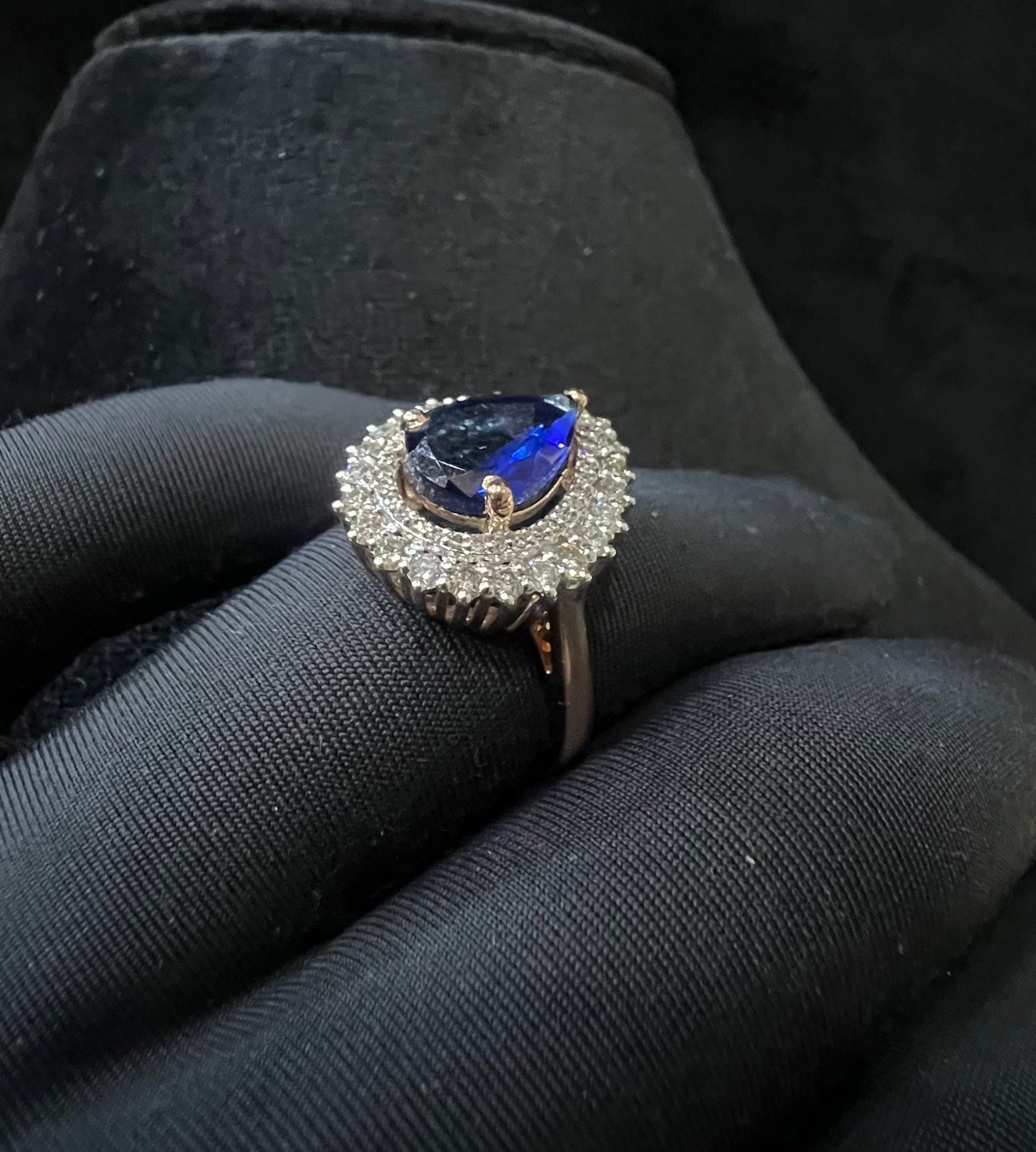 Pear Shape Blue Sapphire Ring, Natural Diamond Halo, 14K 18K Solid Gold Teardrop Ring