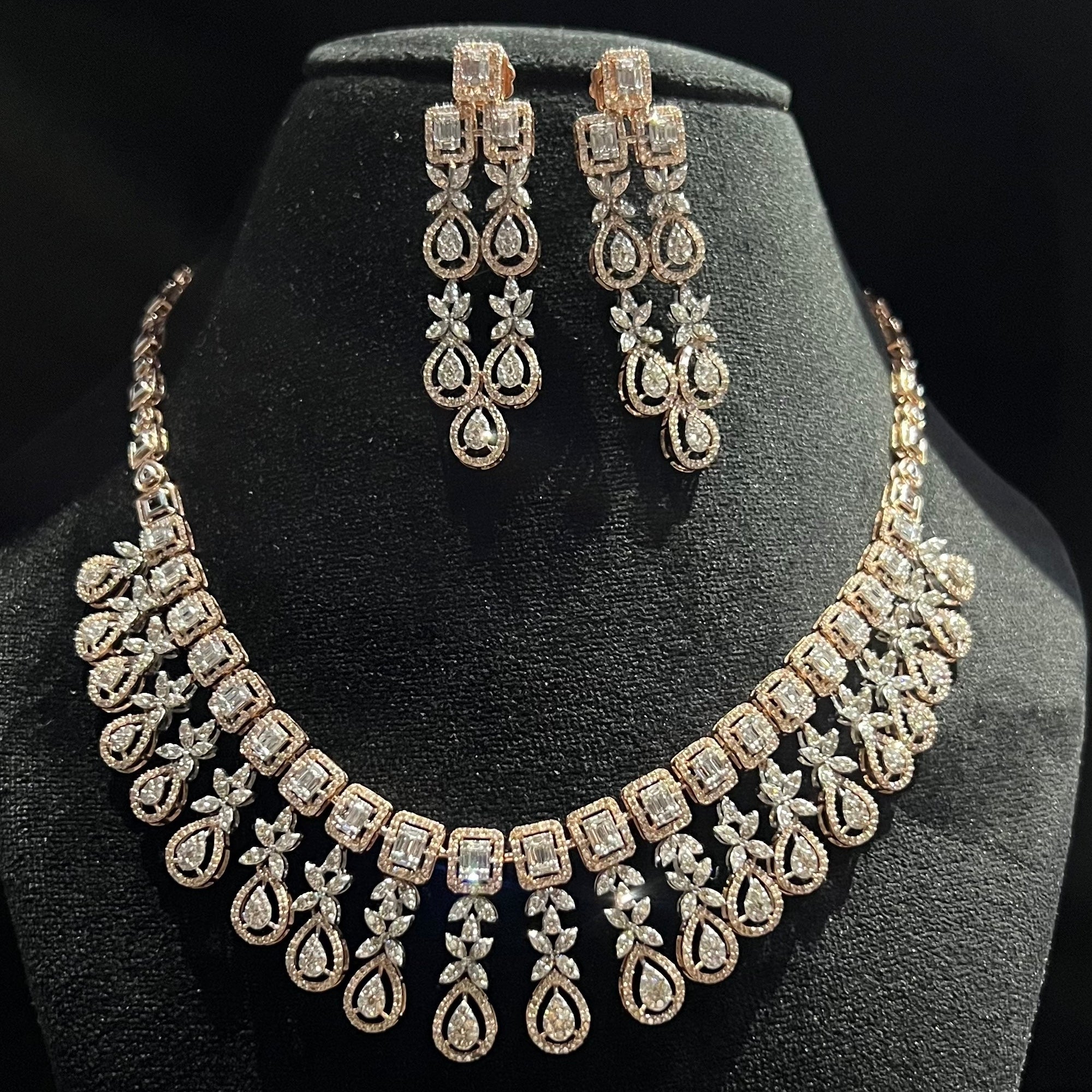 14K Solid Gold Natural Diamond Bridal Necklace Earrings Set, Wedding Jewelry