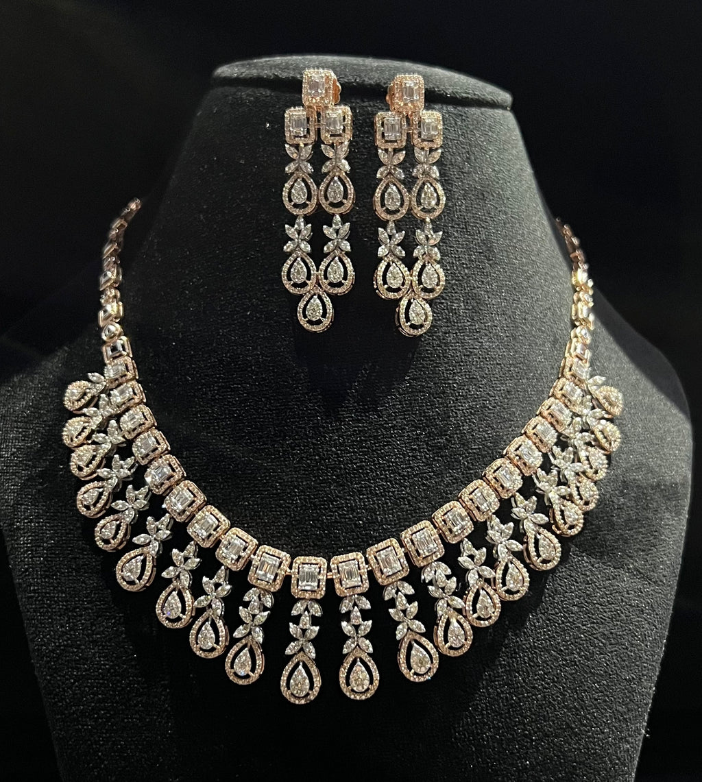 14K Solid Gold Natural Diamond Bridal Necklace Earrings Set, Wedding Jewelry