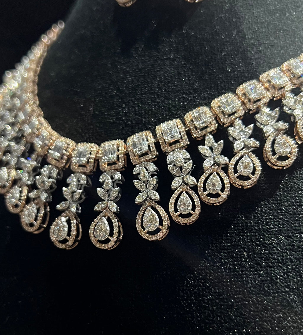 14K Solid Gold Natural Diamond Bridal Necklace Earrings Set, Wedding Jewelry