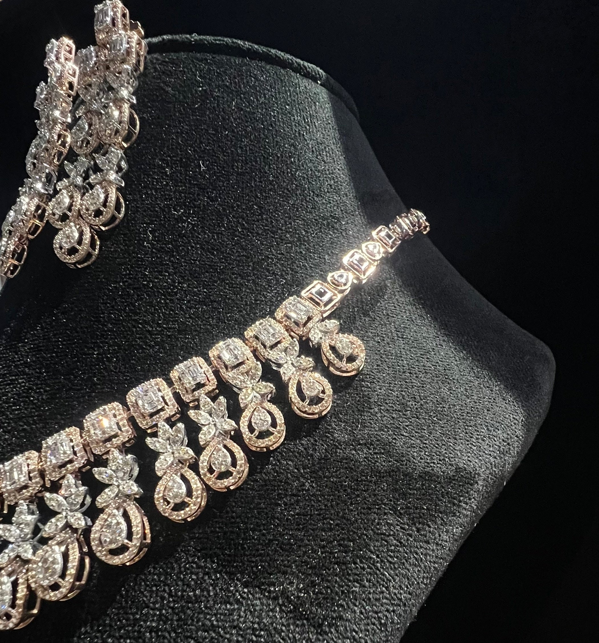 14K Solid Gold Natural Diamond Bridal Necklace Earrings Set, Wedding Jewelry