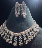 14K Solid Gold Natural Diamond Bridal Necklace Earrings Set, Wedding Jewelry