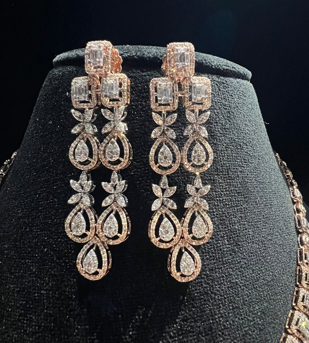 14K Solid Gold Natural Diamond Bridal Necklace Earrings Set, Wedding Jewelry