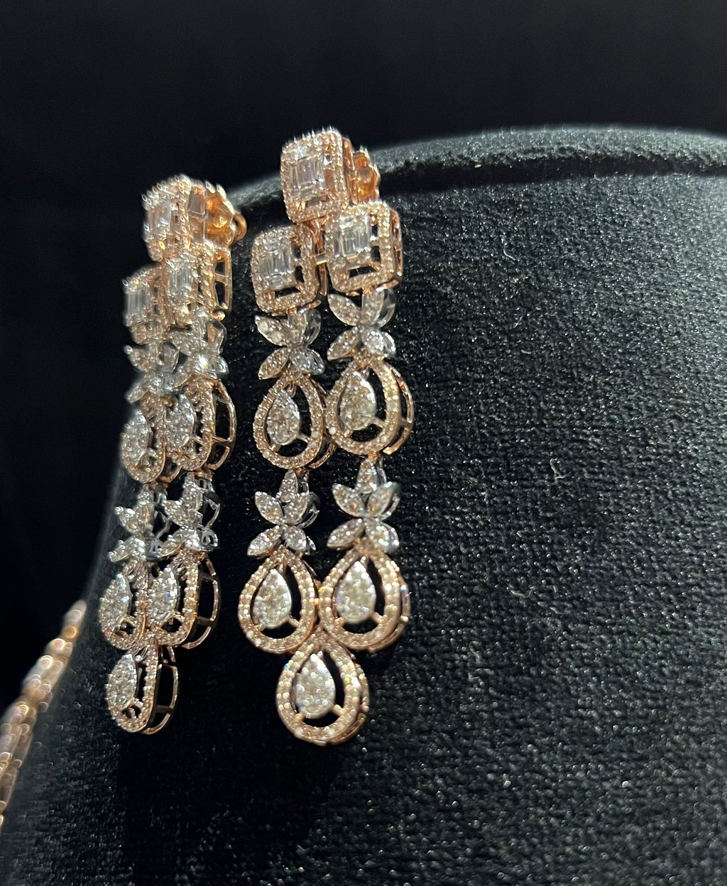 14K Solid Gold Natural Diamond Bridal Necklace Earrings Set, Wedding Jewelry