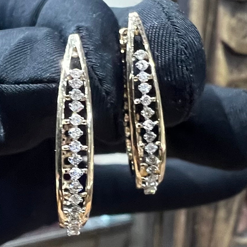 14K 18K Solid Gold Diamond Huggie Hoop Earrings, Bali Style, Natural Diamonds