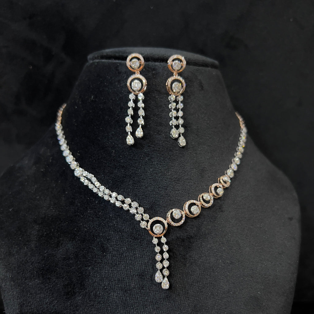 Solid Gold Diamond Necklace and Dangle Earrings Set, Bridal Jewelry