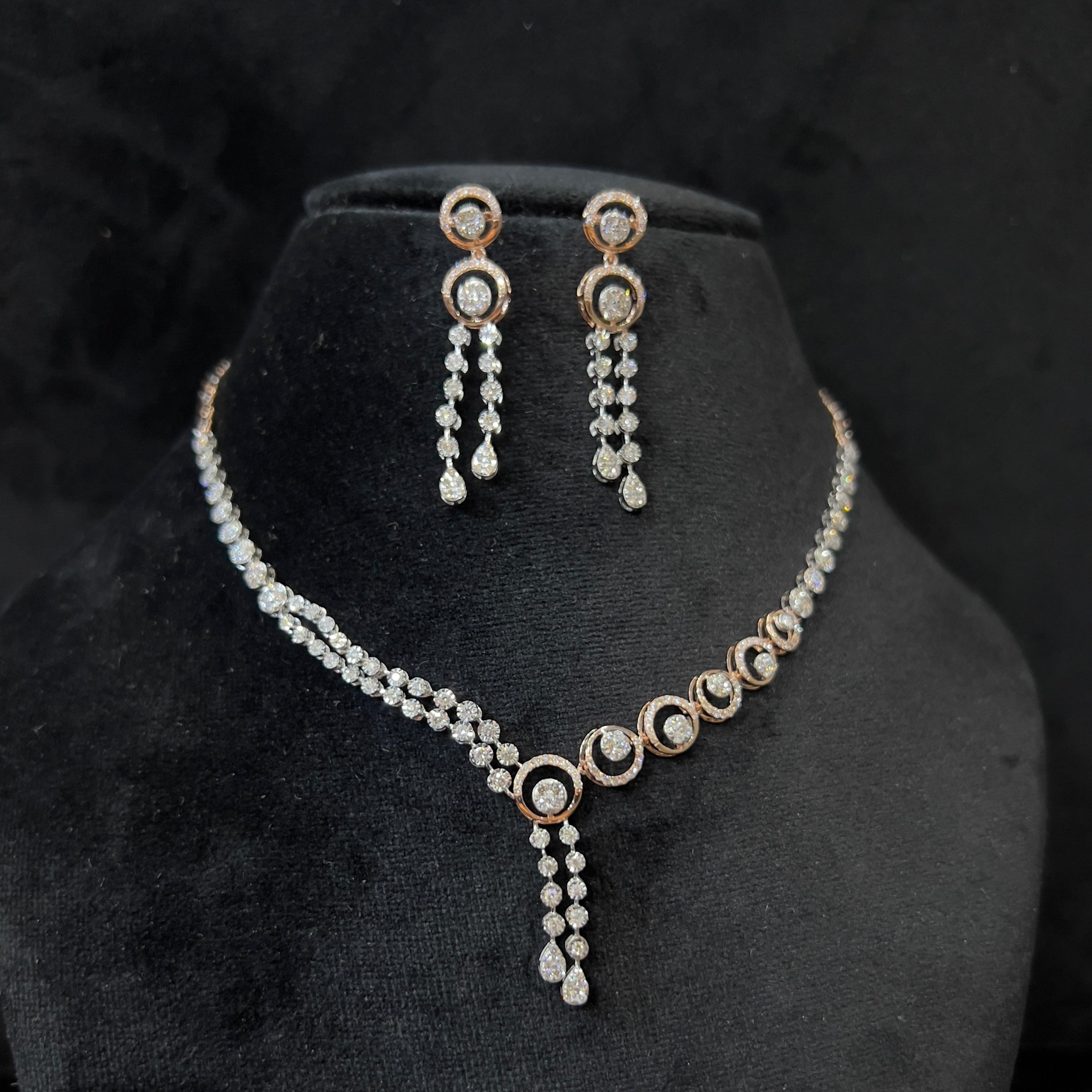 Solid Gold Diamond Necklace and Dangle Earrings Set, Bridal Jewelry