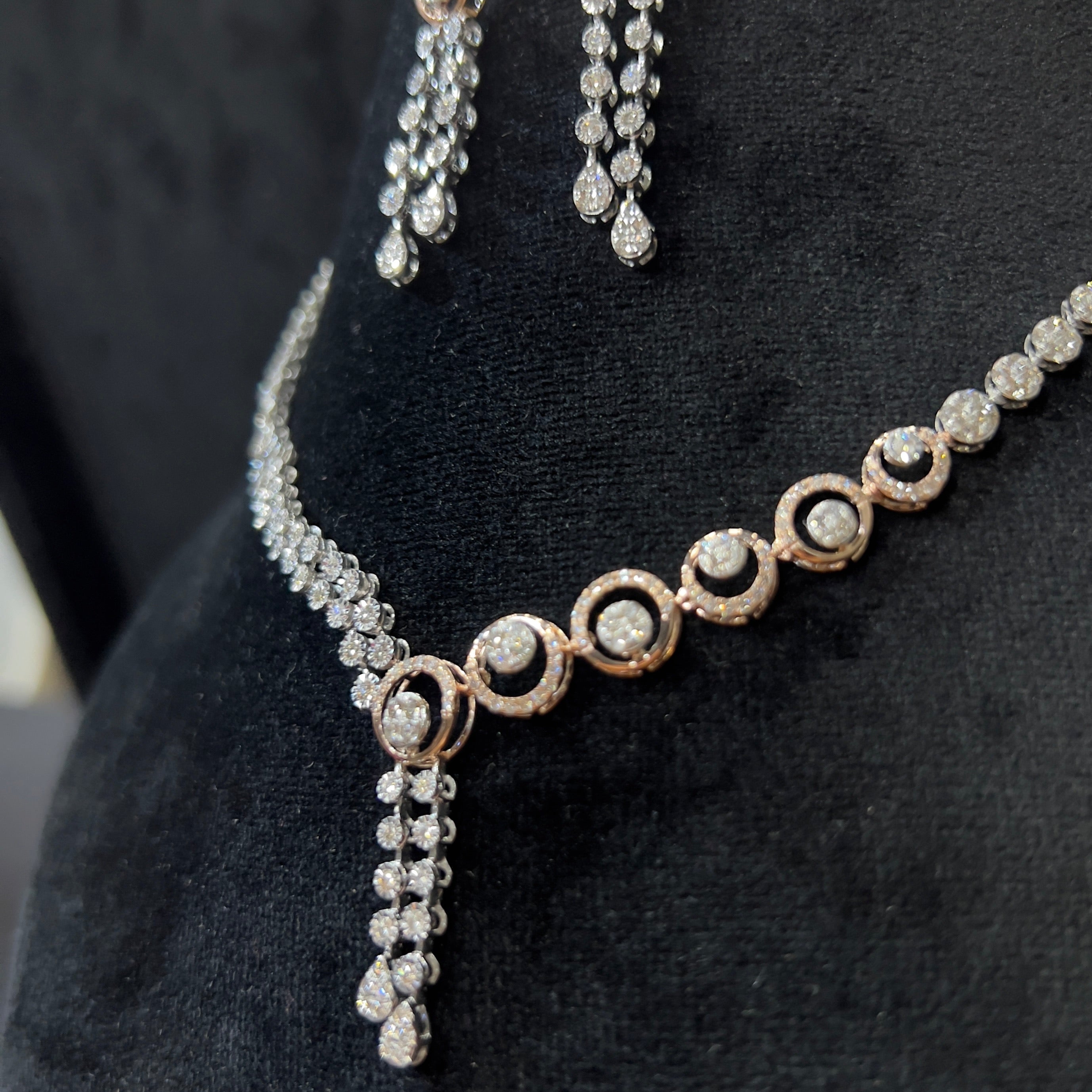 Solid Gold Diamond Necklace and Dangle Earrings Set, Bridal Jewelry