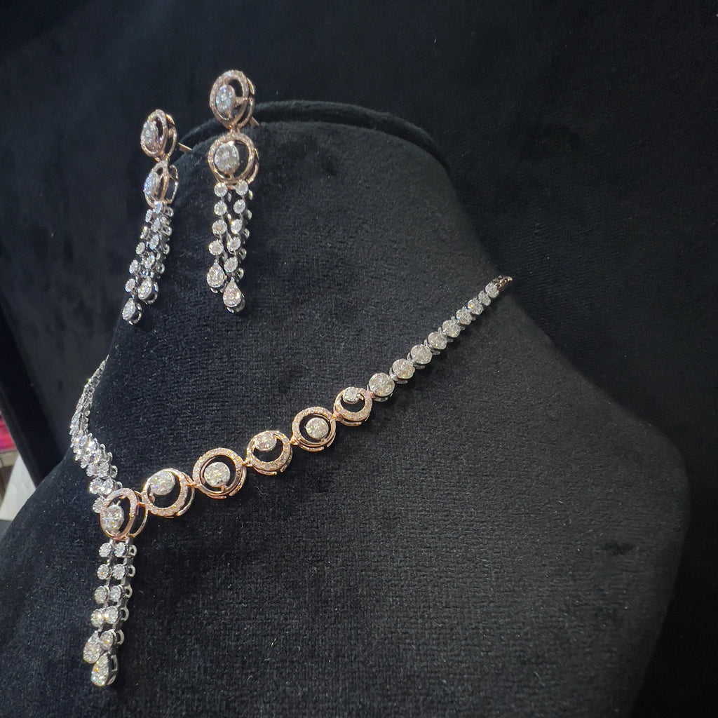 Solid Gold Diamond Necklace and Dangle Earrings Set, Bridal Jewelry