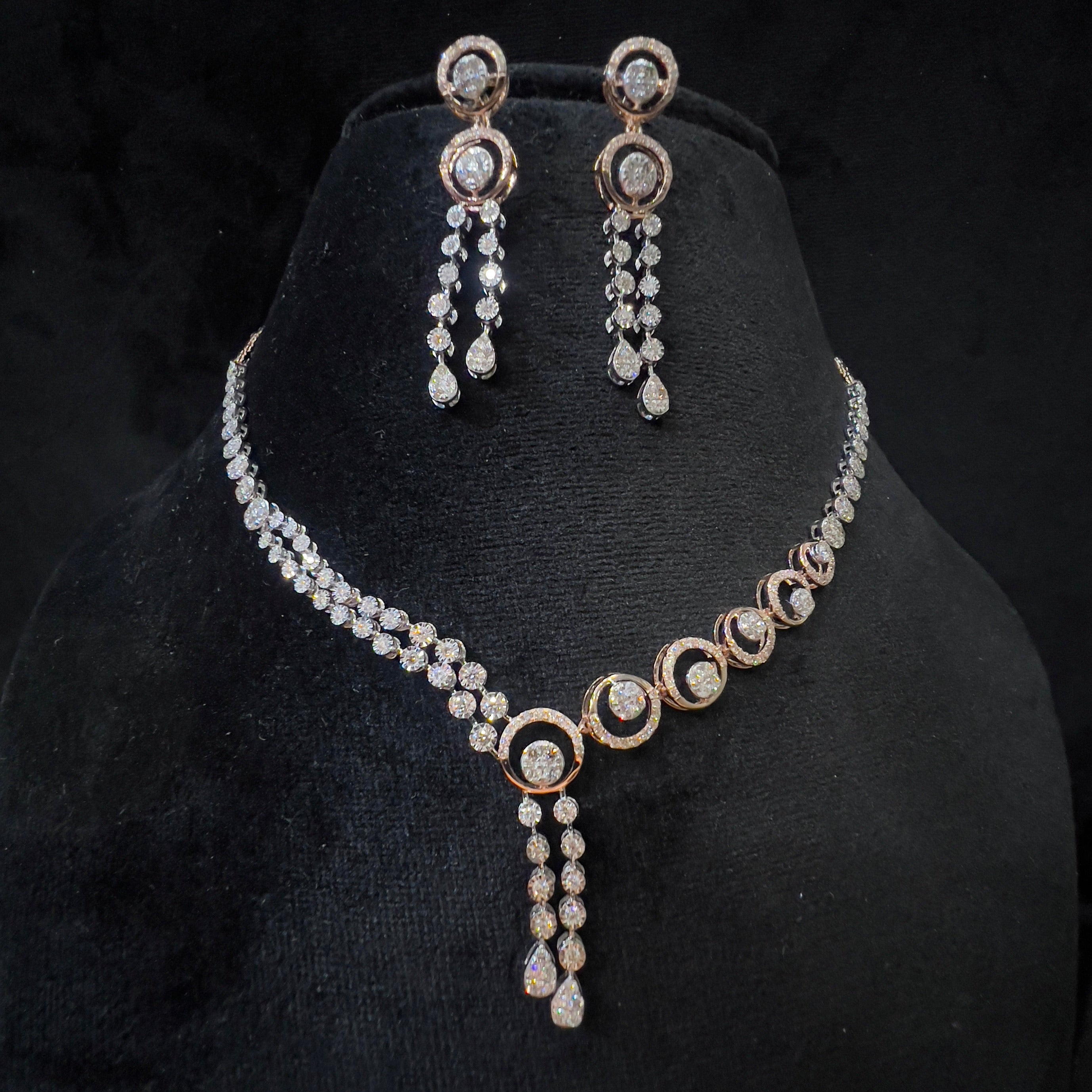 Solid Gold Diamond Necklace and Dangle Earrings Set, Bridal Jewelry