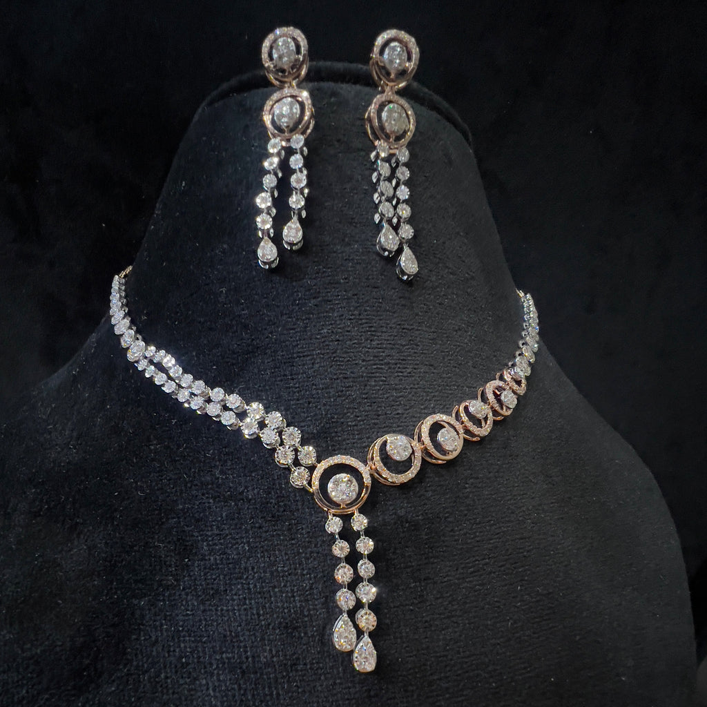 Solid Gold Diamond Necklace and Dangle Earrings Set, Bridal Jewelry