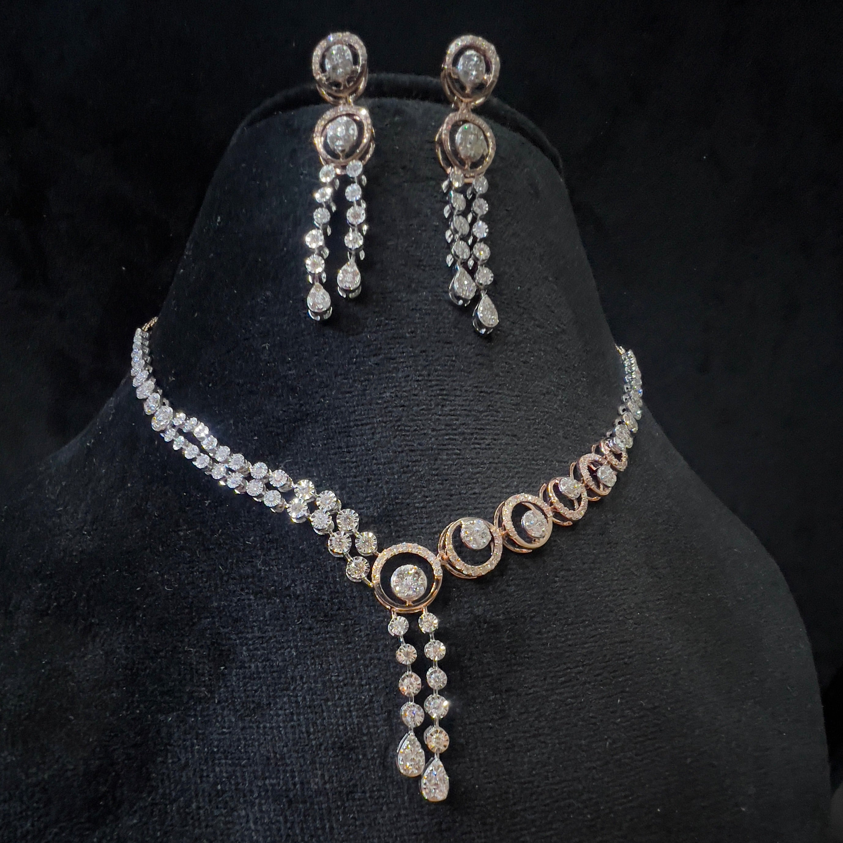 Solid Gold Diamond Necklace and Dangle Earrings Set, Bridal Jewelry
