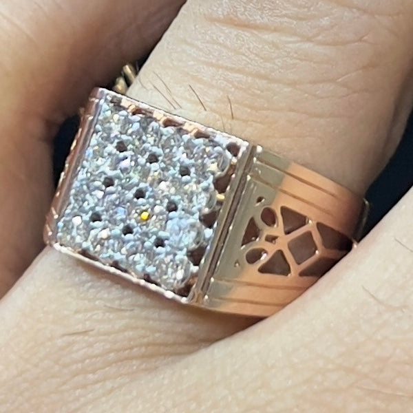 Men's Natural Diamond Square Cluster Ring, 14K 18K Solid Gold Statement Ring