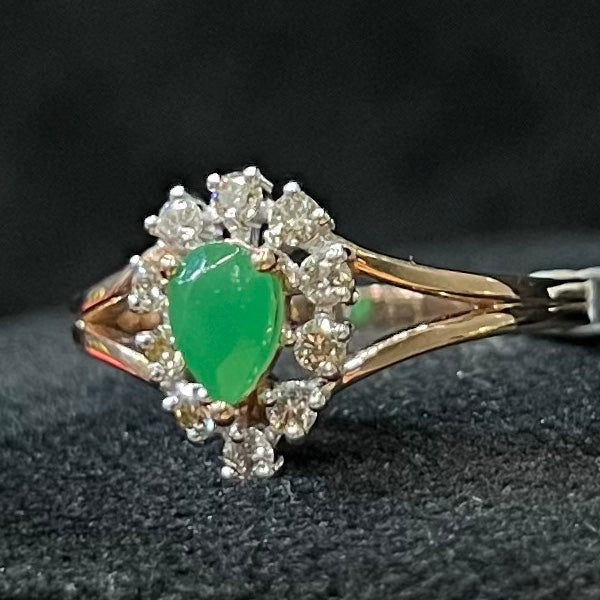 Pear Shape Green Stone Diamond Halo Ring, 14K 18K Solid Gold Vintage Style