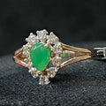 Pear Shape Green Stone Diamond Halo Ring, 14K 18K Solid Gold Vintage Style