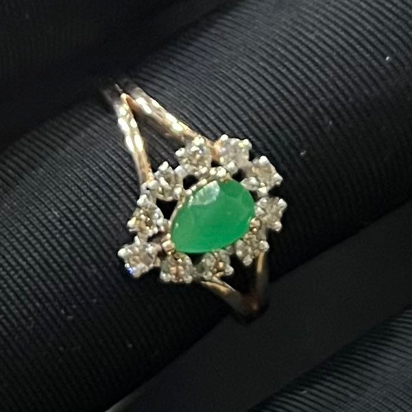 Pear Shape Green Stone Diamond Halo Ring, 14K 18K Solid Gold Vintage Style