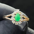 Pear Shape Green Stone Diamond Halo Ring, 14K 18K Solid Gold Vintage Style