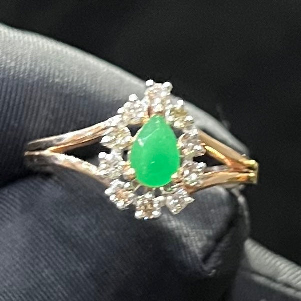 Pear Shape Green Stone Diamond Halo Ring, 14K 18K Solid Gold Vintage Style