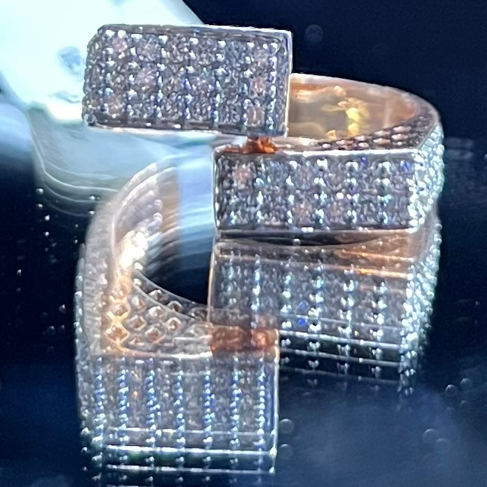 Men's Natural Diamond Double Bar Ring, 14K 18K Solid Gold Statement Ring