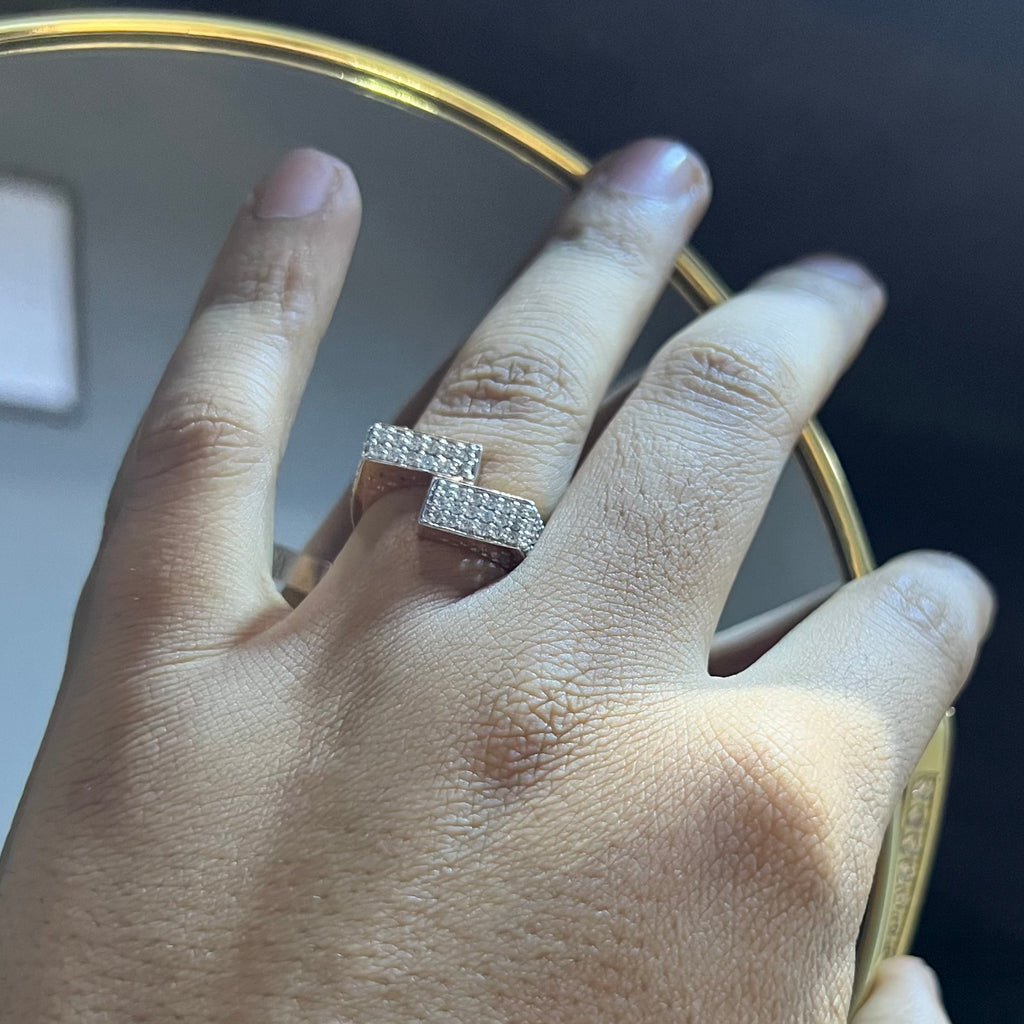 Men's Natural Diamond Double Bar Ring, 14K 18K Solid Gold Statement Ring
