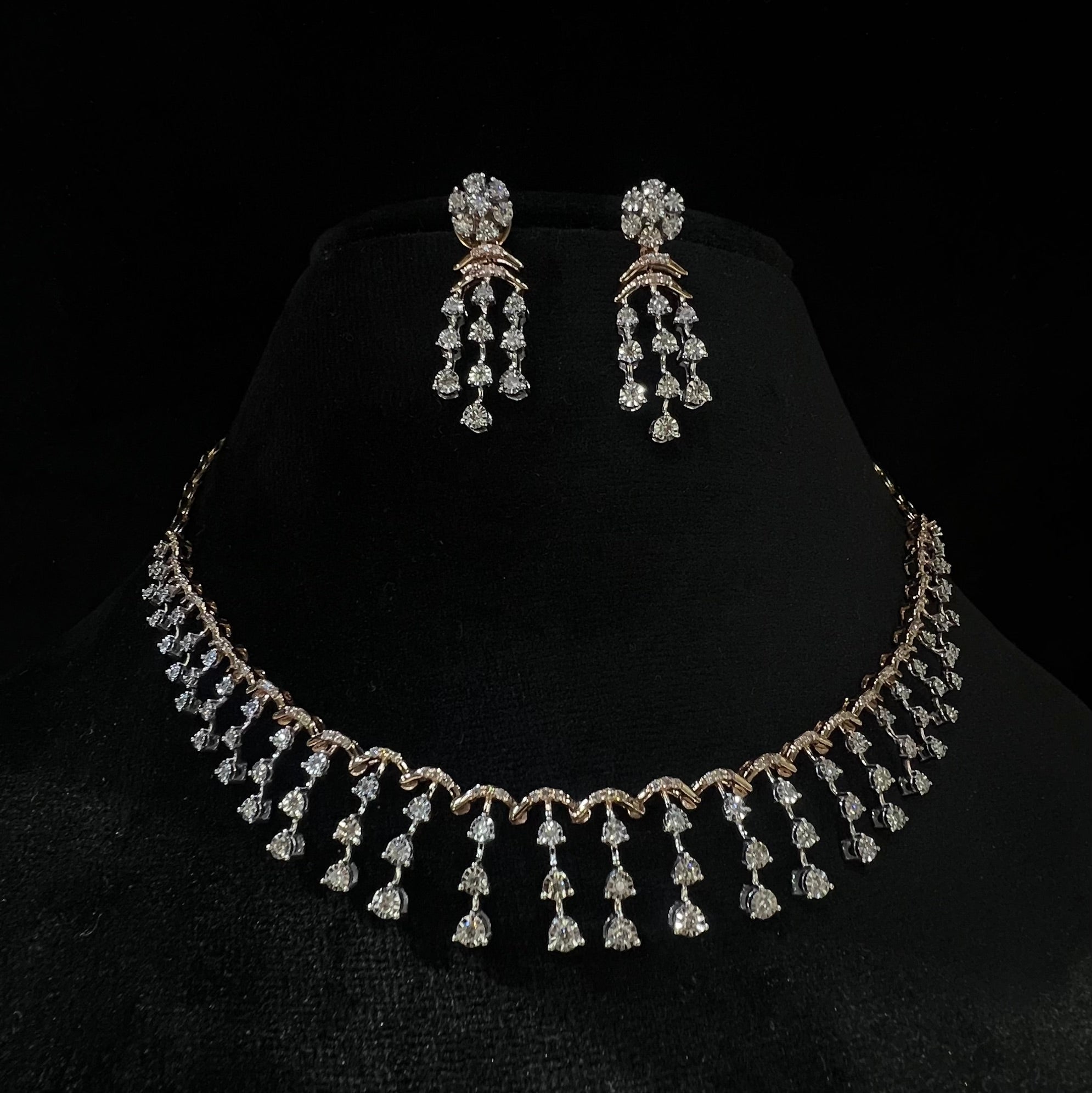 Natural Diamond Necklace Earrings Set, 14K 18K Solid Gold Bridal Jewelry