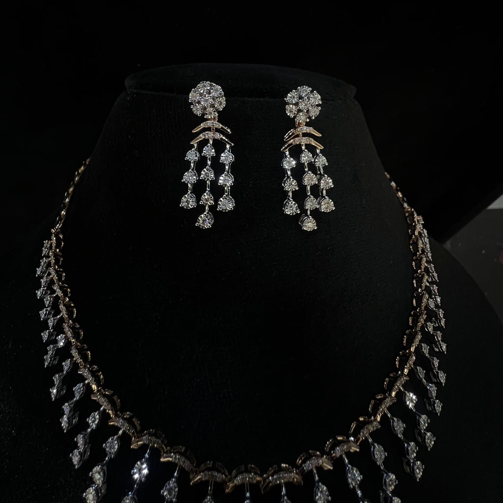Natural Diamond Necklace Earrings Set, 14K 18K Solid Gold Bridal Jewelry