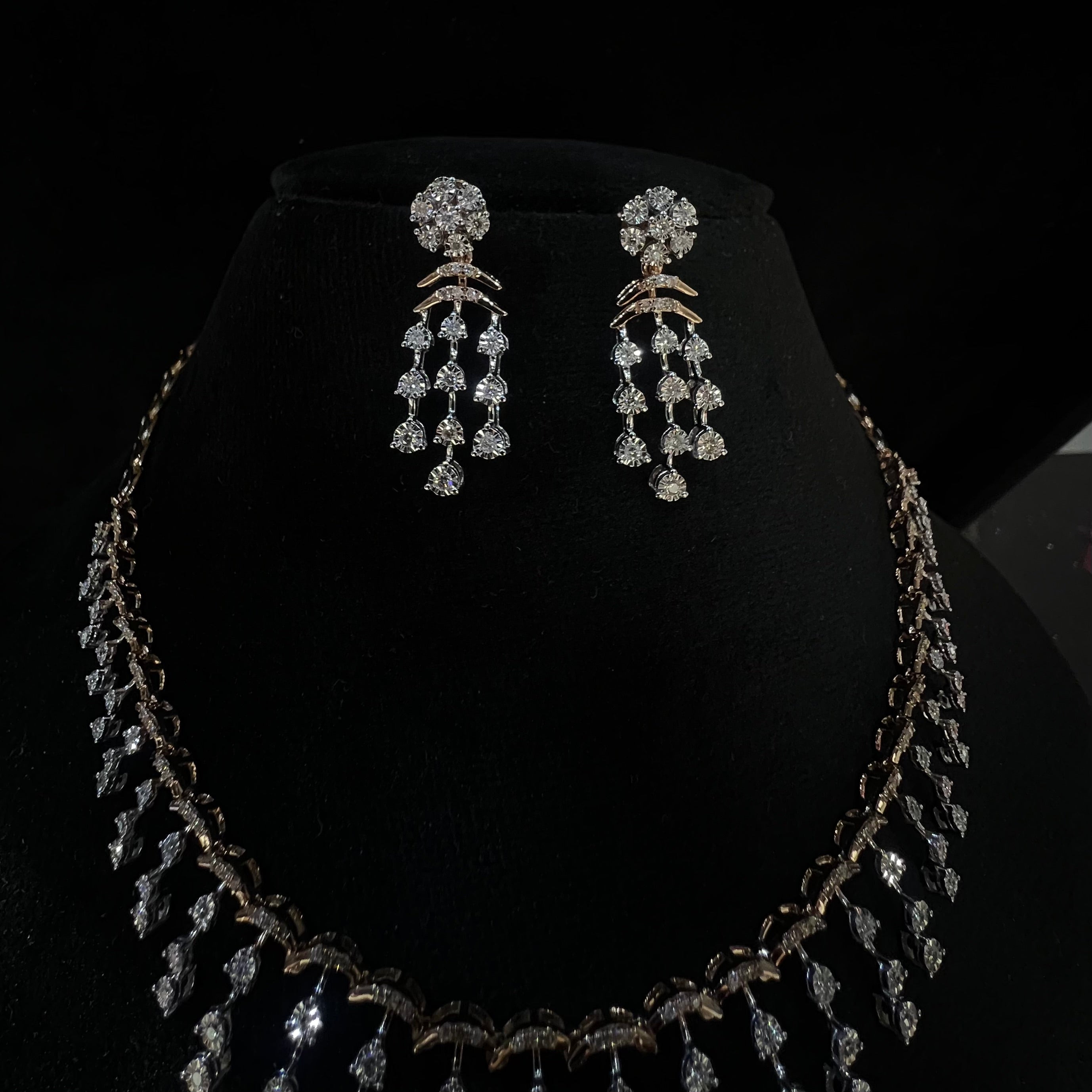 Natural Diamond Necklace Earrings Set, 14K 18K Solid Gold Bridal Jewelry