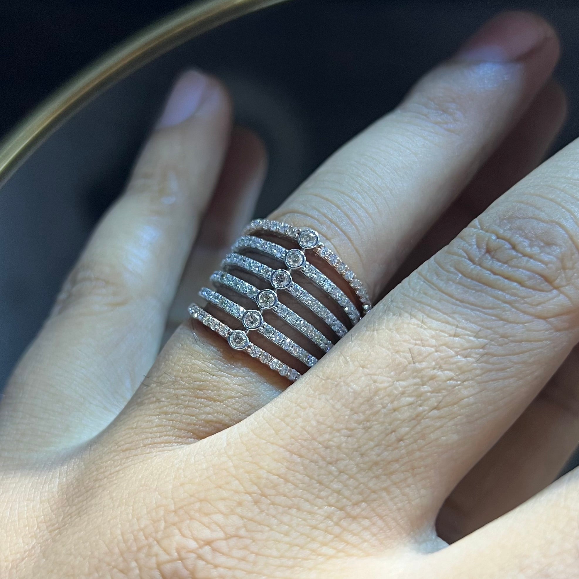 Multi Row Diamond Ring, 14K 18K Solid Gold, Bezel Set Stacking Band