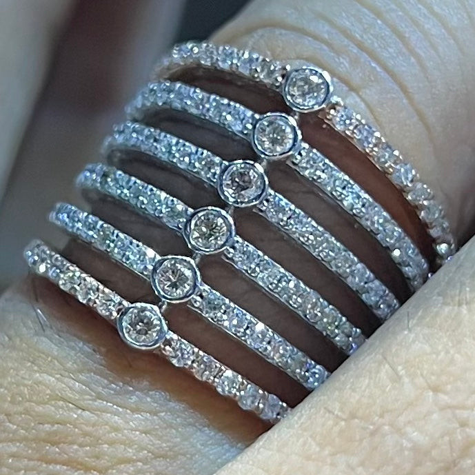 Multi Row Diamond Ring, 14K 18K Solid Gold, Bezel Set Stacking Band