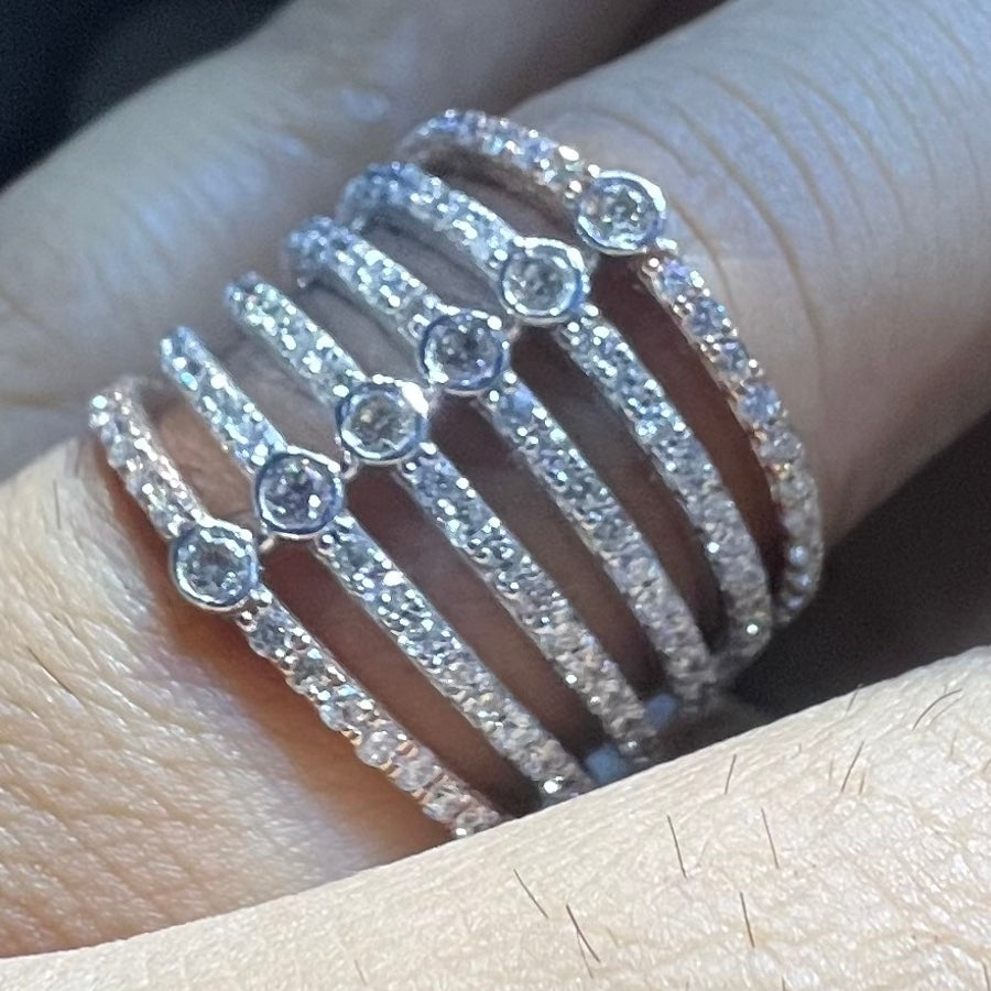 Multi Row Diamond Ring, 14K 18K Solid Gold, Bezel Set Stacking Band
