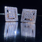Natural Diamond Square Halo Stud Earrings, 14K 18K Solid Gold, Bridal Cluster Diamonds