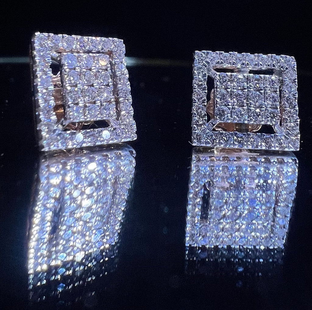 Natural Diamond Square Halo Stud Earrings, 14K 18K Solid Gold, Bridal Cluster Diamonds