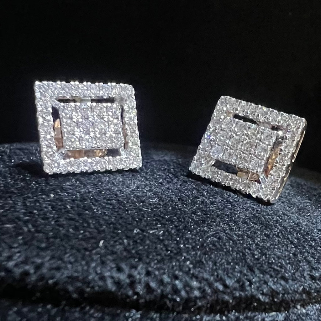 Natural Diamond Square Halo Stud Earrings, 14K 18K Solid Gold, Bridal Cluster Diamonds