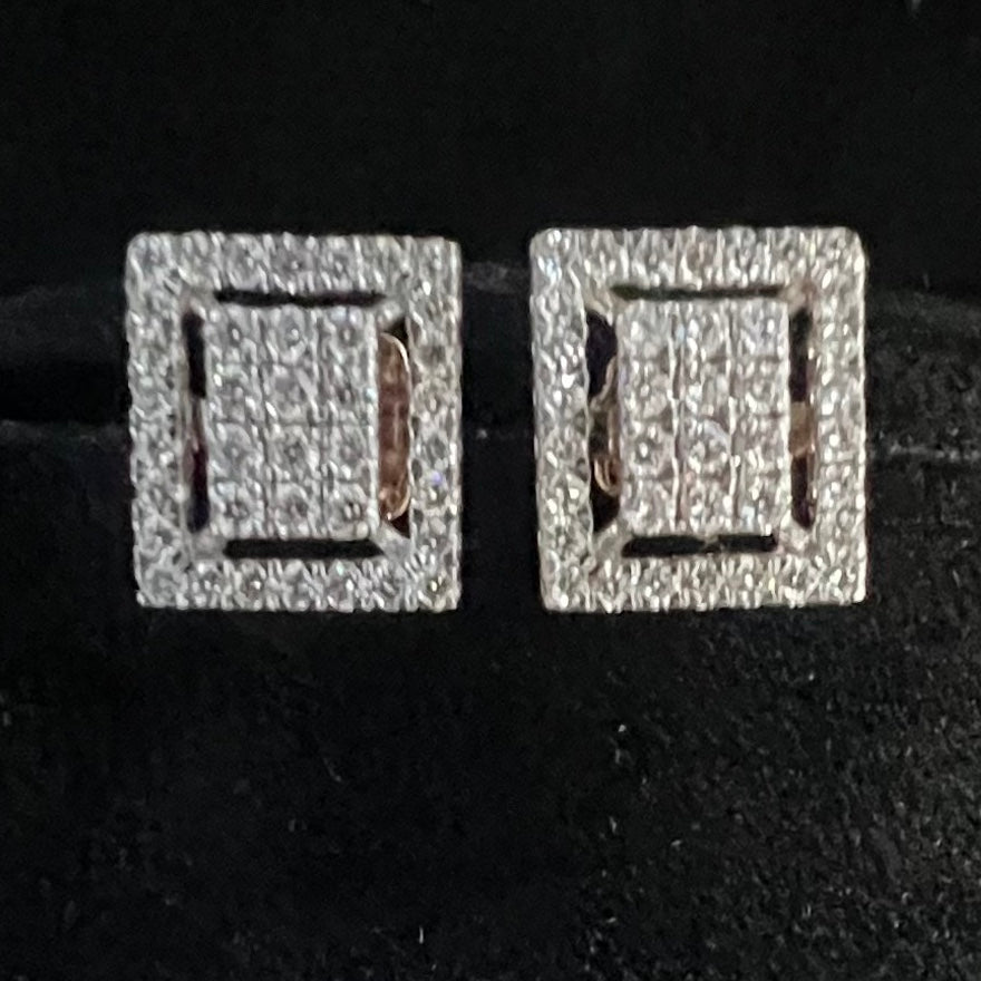Natural Diamond Square Halo Stud Earrings, 14K 18K Solid Gold, Bridal Cluster Diamonds