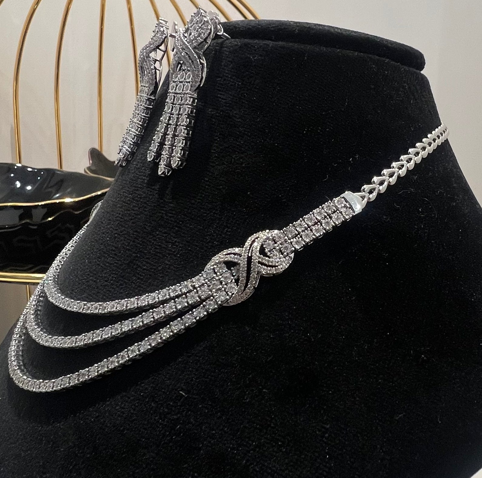Solid Gold Diamond Necklace Earrings Set, Bridal Wedding Jewelry, Real Diamonds