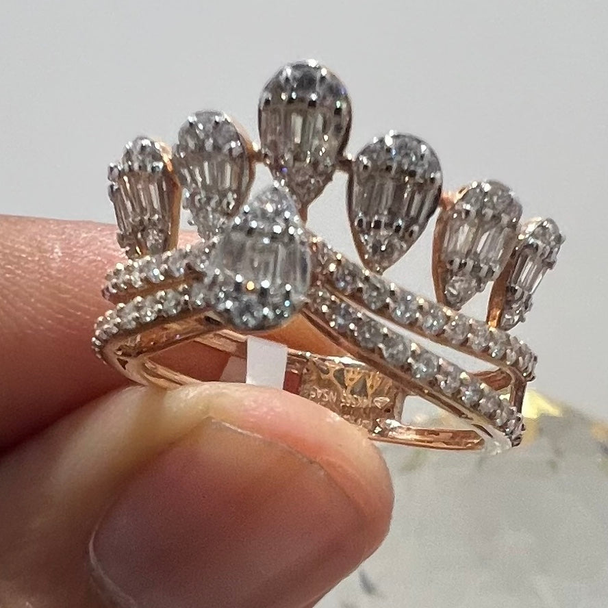 Solid Gold Crown Ring, Pear Baguette Diamond Statement Band, IGI Certified Diamonds