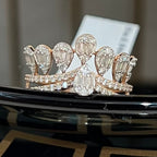 Solid Gold Crown Ring, Pear Baguette Diamond Statement Band, IGI Certified Diamonds