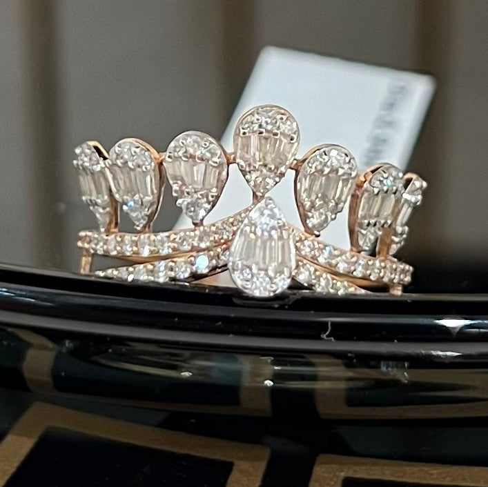 Solid Gold Crown Ring, Pear Baguette Diamond Statement Band, IGI Certified Diamonds