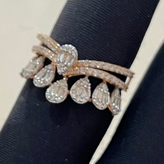 Solid Gold Crown Ring, Pear Baguette Diamond Statement Band, IGI Certified Diamonds