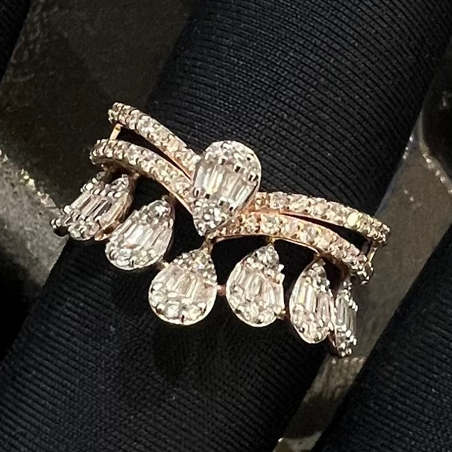 Solid Gold Crown Ring, Pear Baguette Diamond Statement Band, IGI Certified Diamonds