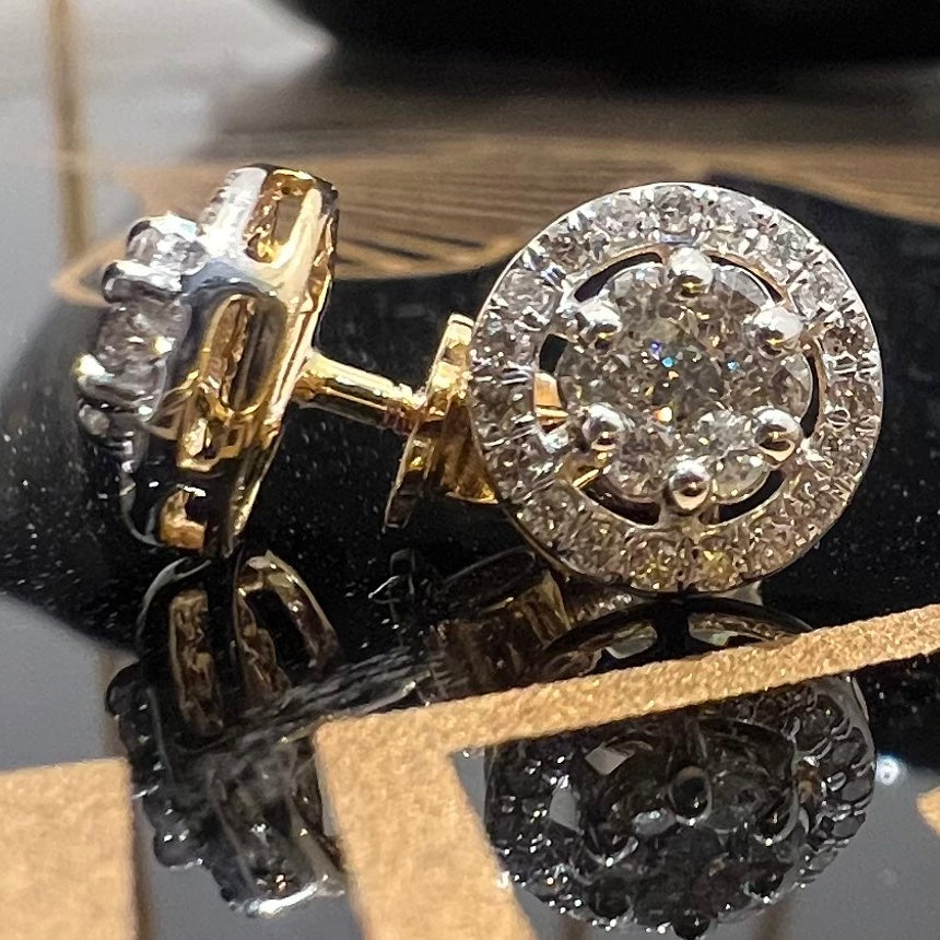Solid Gold Halo Diamond Stud Earrings, Round Natural Diamond Jewelry
