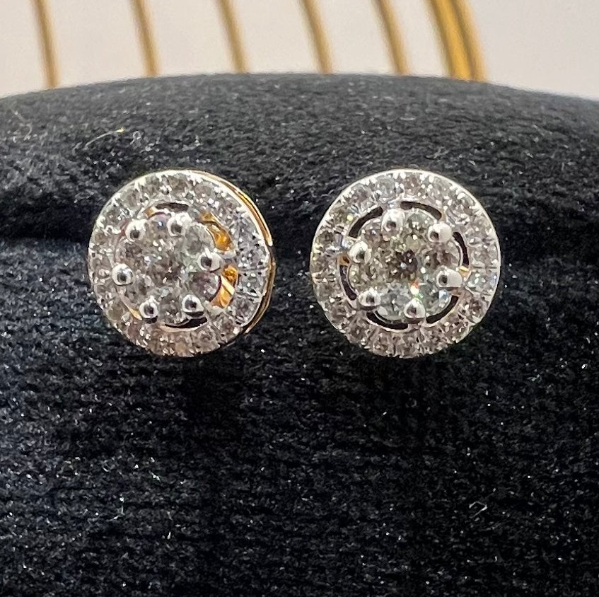 Solid Gold Halo Diamond Stud Earrings, Round Natural Diamond Jewelry