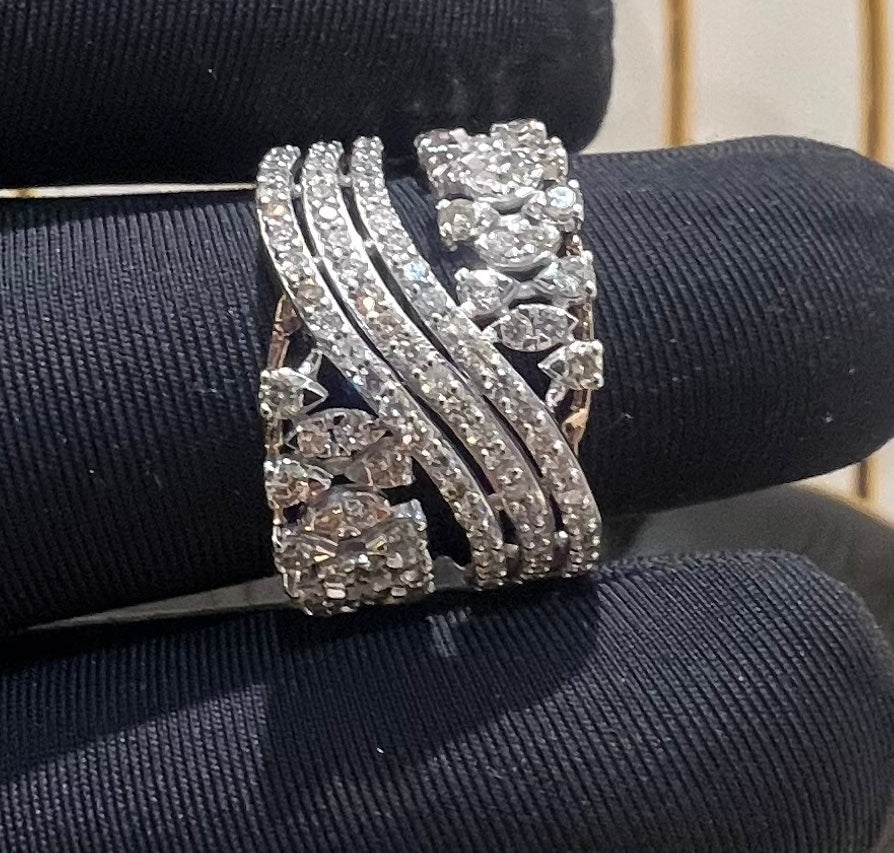 Solid Gold Marquise Diamond Cluster Ring, Multi Band Statement Bridal Jewelry