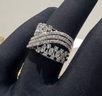 Solid Gold Marquise Diamond Cluster Ring, Multi Band Statement Bridal Jewelry