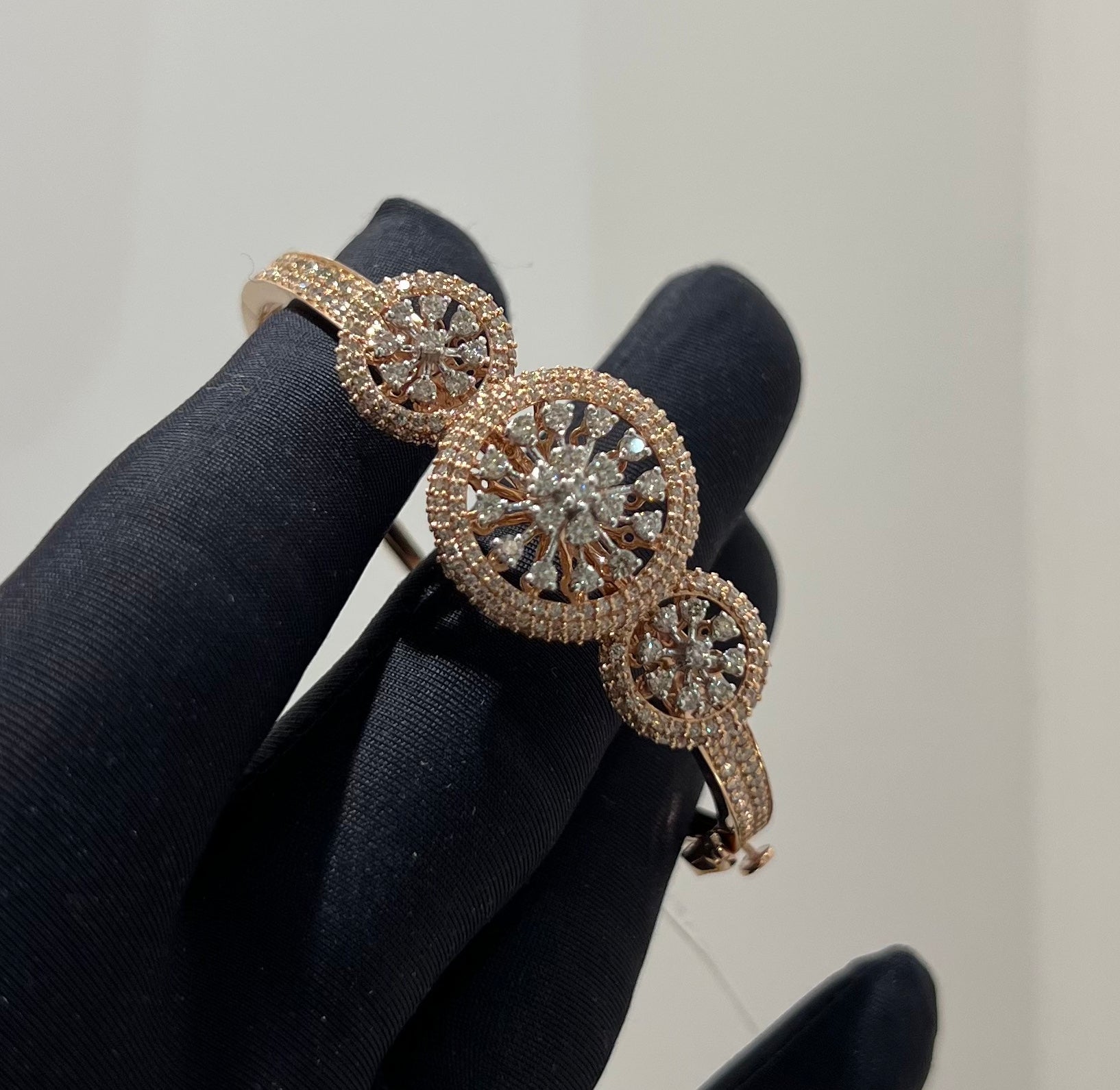 Solid Gold Diamond Cluster Bracelet, Round Halo Bangle, Fine Jewelry