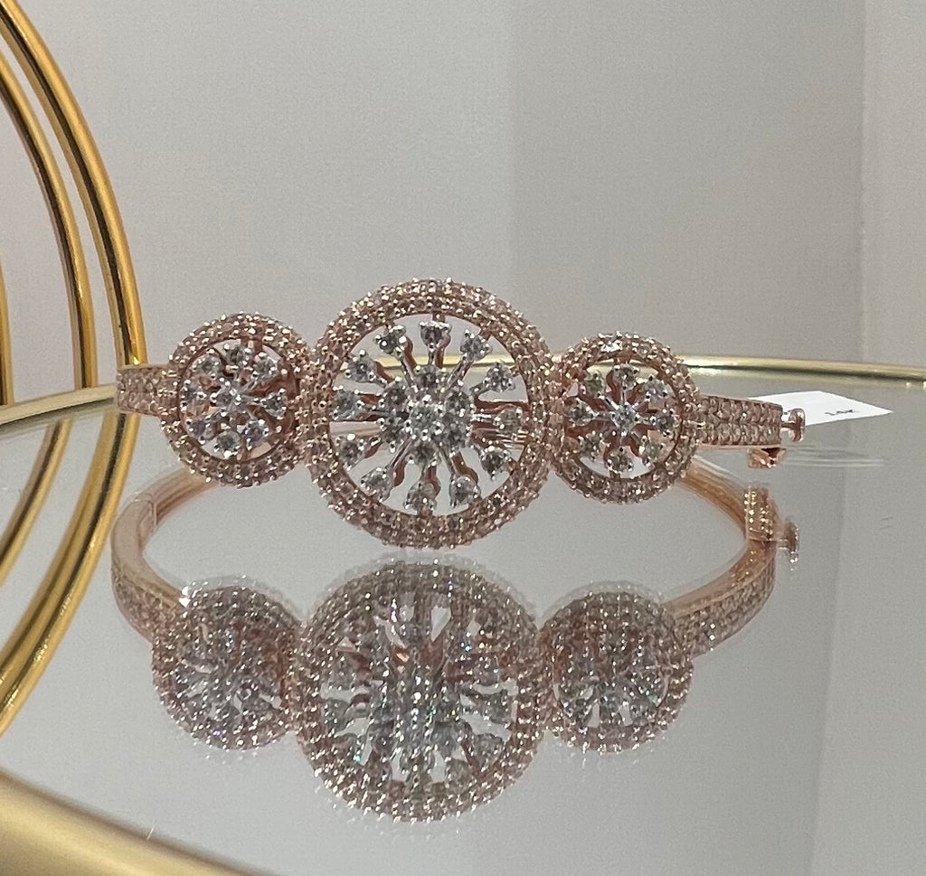 Solid Gold Diamond Cluster Bracelet, Round Halo Bangle, Fine Jewelry